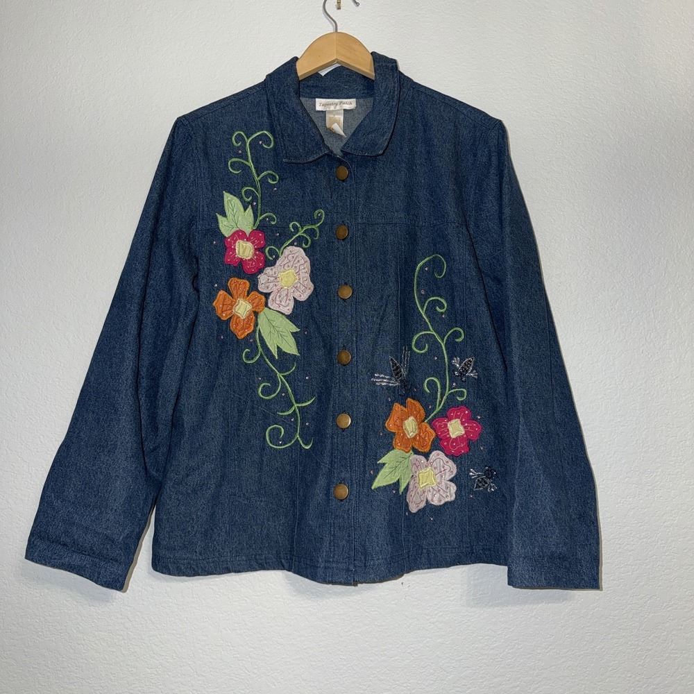 Vintage Tapestry Patch Denim Jacket Women's L Floral Embellished Beaded